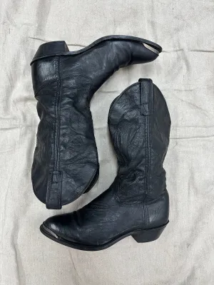 Black Leather & Silver Metal Cowboy Boots
