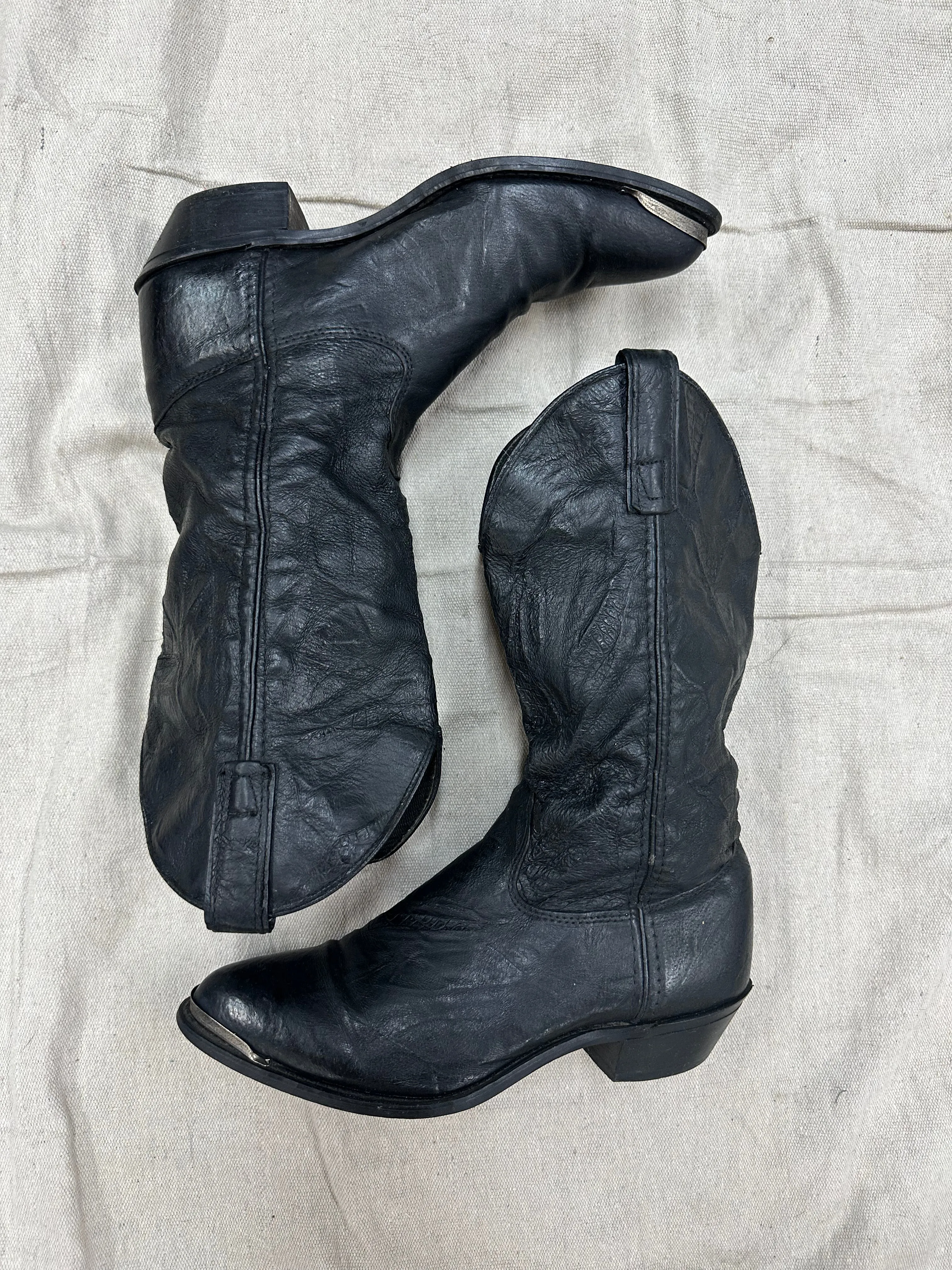 Black Leather & Silver Metal Cowboy Boots