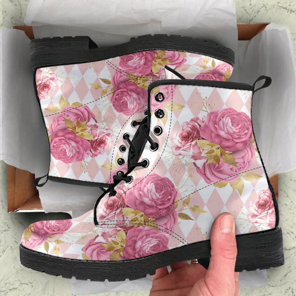 Combat Boots - Floral Pattern #101 | Blush Pink Flat Shoes, Vegan Leather Lace Up Boots, Handmade Lace Up Boots, Custom Shoes, Boho Shoes
