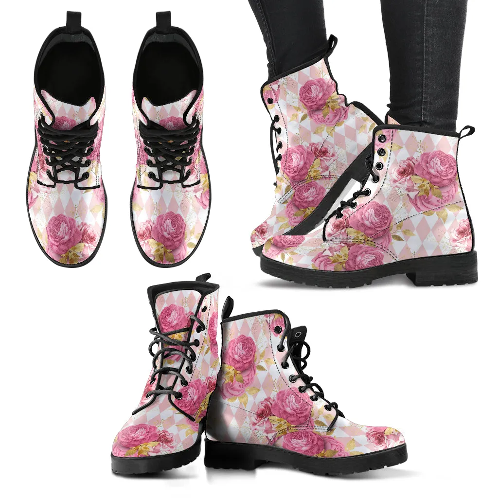 Combat Boots - Floral Pattern #101 | Blush Pink Flat Shoes, Vegan Leather Lace Up Boots, Handmade Lace Up Boots, Custom Shoes, Boho Shoes