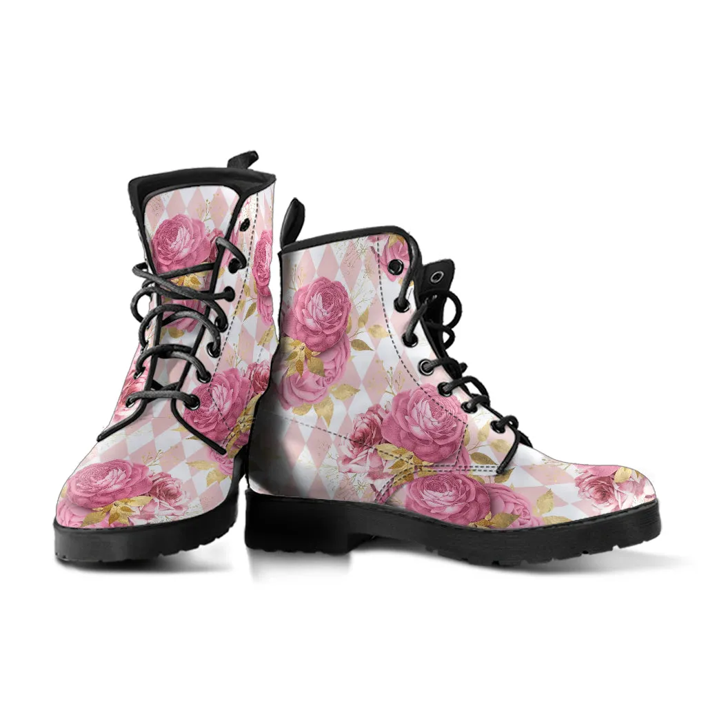 Combat Boots - Floral Pattern #101 | Blush Pink Flat Shoes, Vegan Leather Lace Up Boots, Handmade Lace Up Boots, Custom Shoes, Boho Shoes