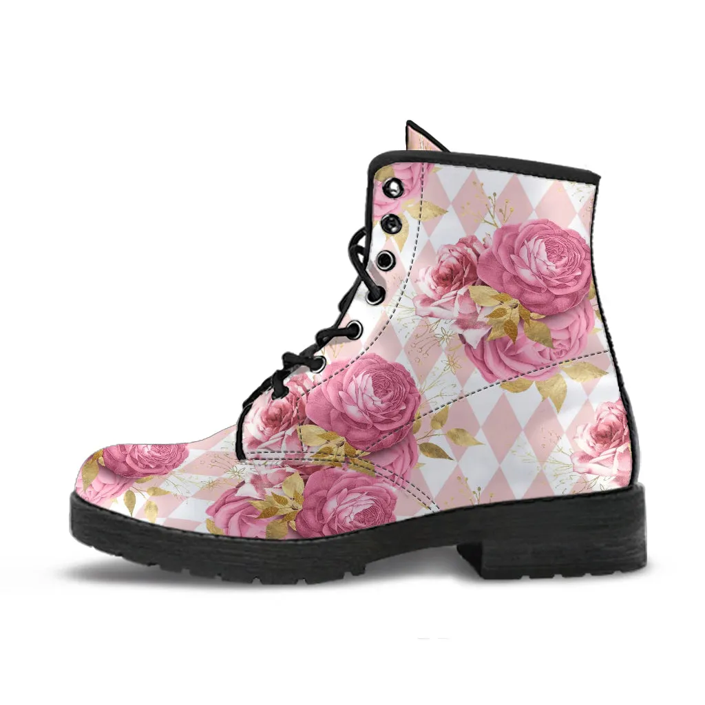 Combat Boots - Floral Pattern #101 | Blush Pink Flat Shoes, Vegan Leather Lace Up Boots, Handmade Lace Up Boots, Custom Shoes, Boho Shoes
