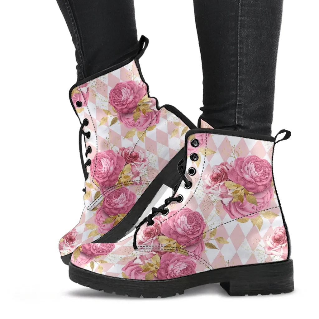 Combat Boots - Floral Pattern #101 | Blush Pink Flat Shoes, Vegan Leather Lace Up Boots, Handmade Lace Up Boots, Custom Shoes, Boho Shoes