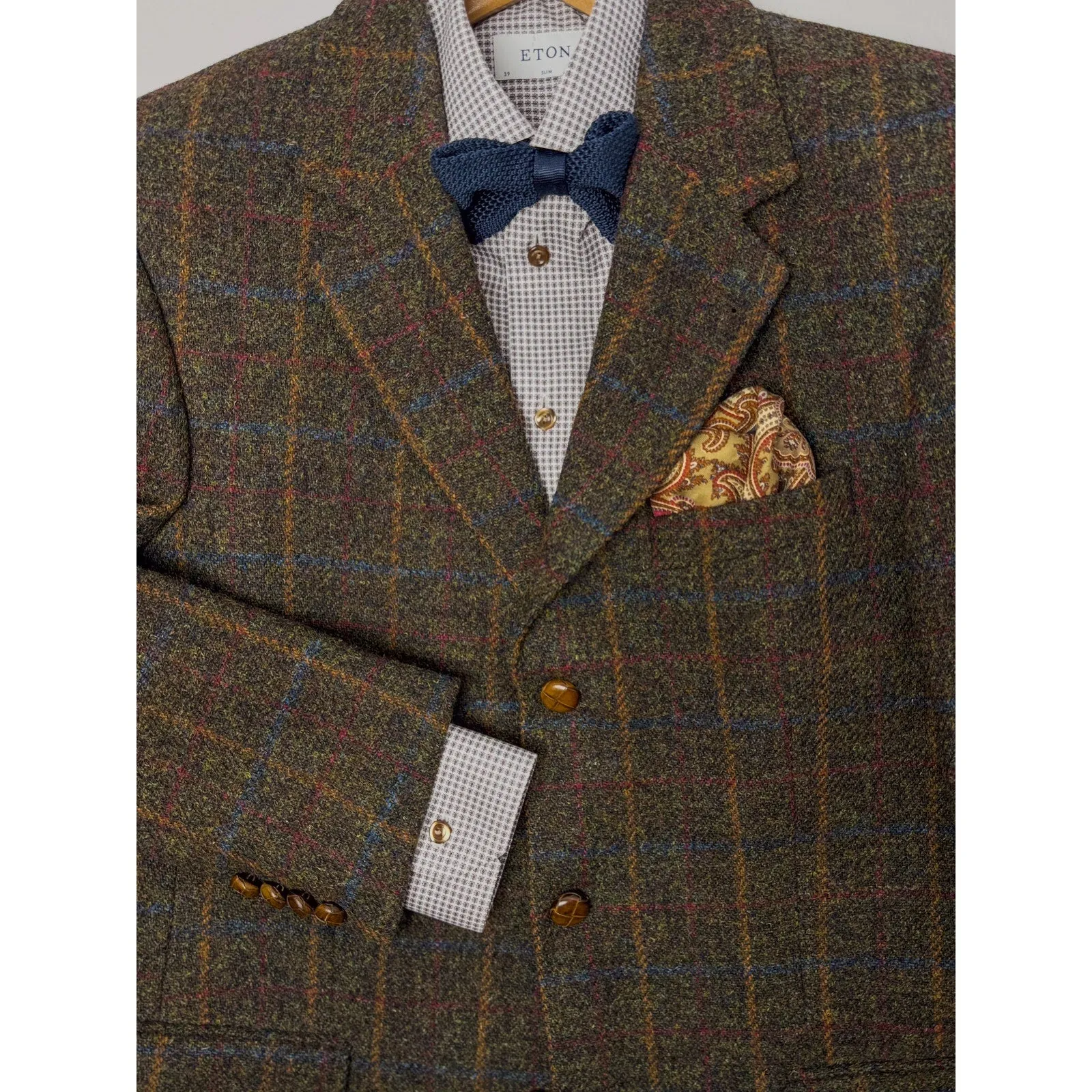 Harris Tweed x Mario Barutti Khaki Green Tweed Wool Plaid Blazer, US 38R, EU 48