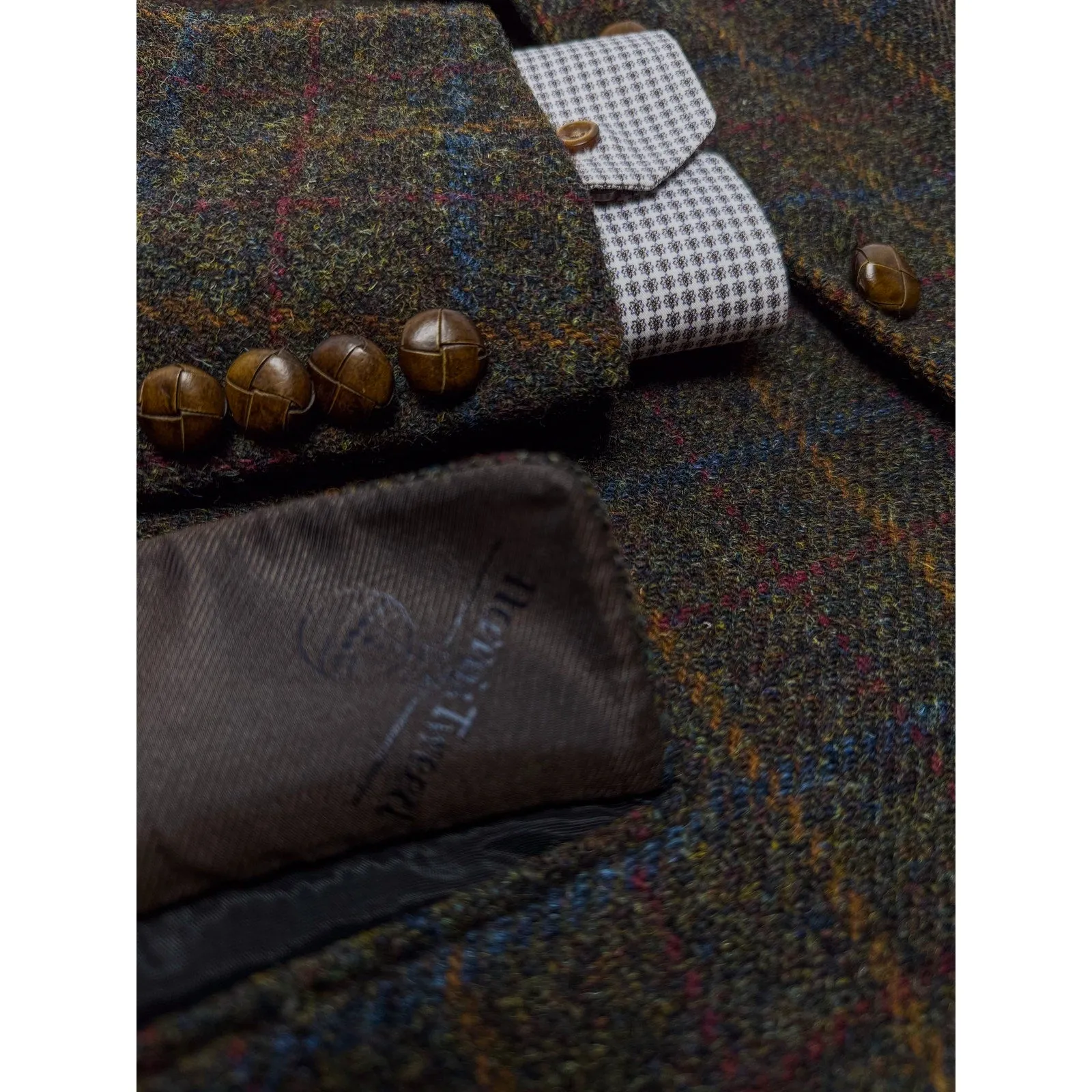 Harris Tweed x Mario Barutti Khaki Green Tweed Wool Plaid Blazer, US 38R, EU 48