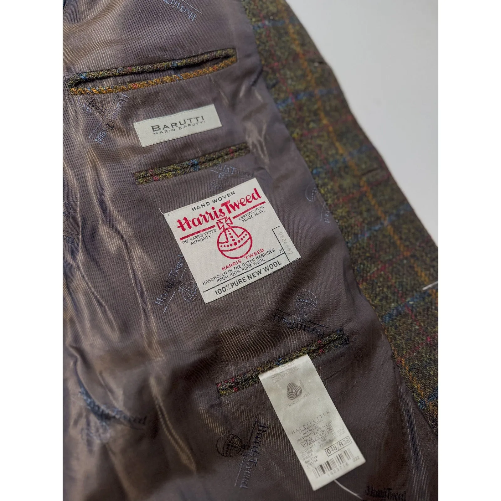 Harris Tweed x Mario Barutti Khaki Green Tweed Wool Plaid Blazer, US 38R, EU 48