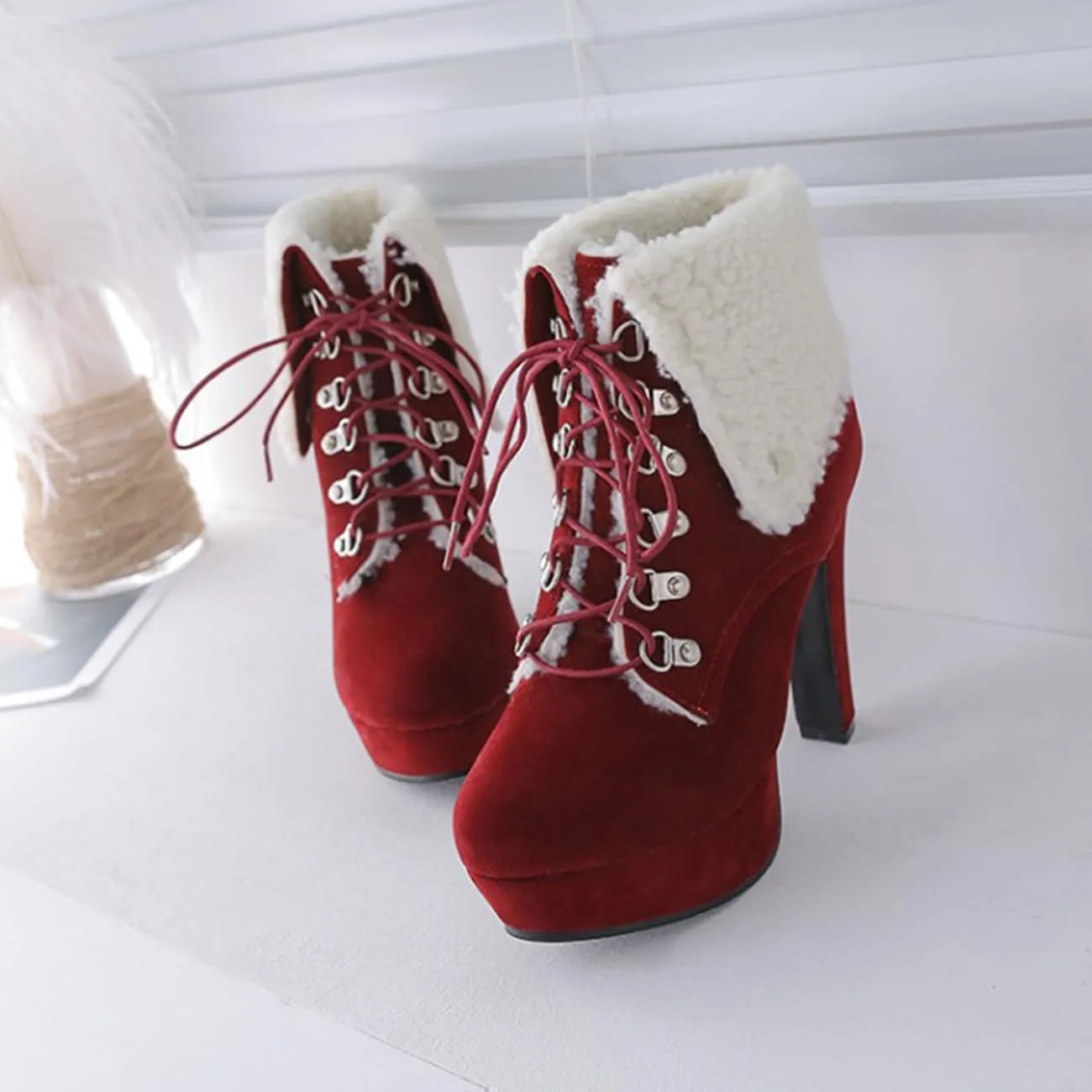 Sweet Womens Chunky Heel Platform Suede Snow Booties Lace Up Christmas Ankle Boots