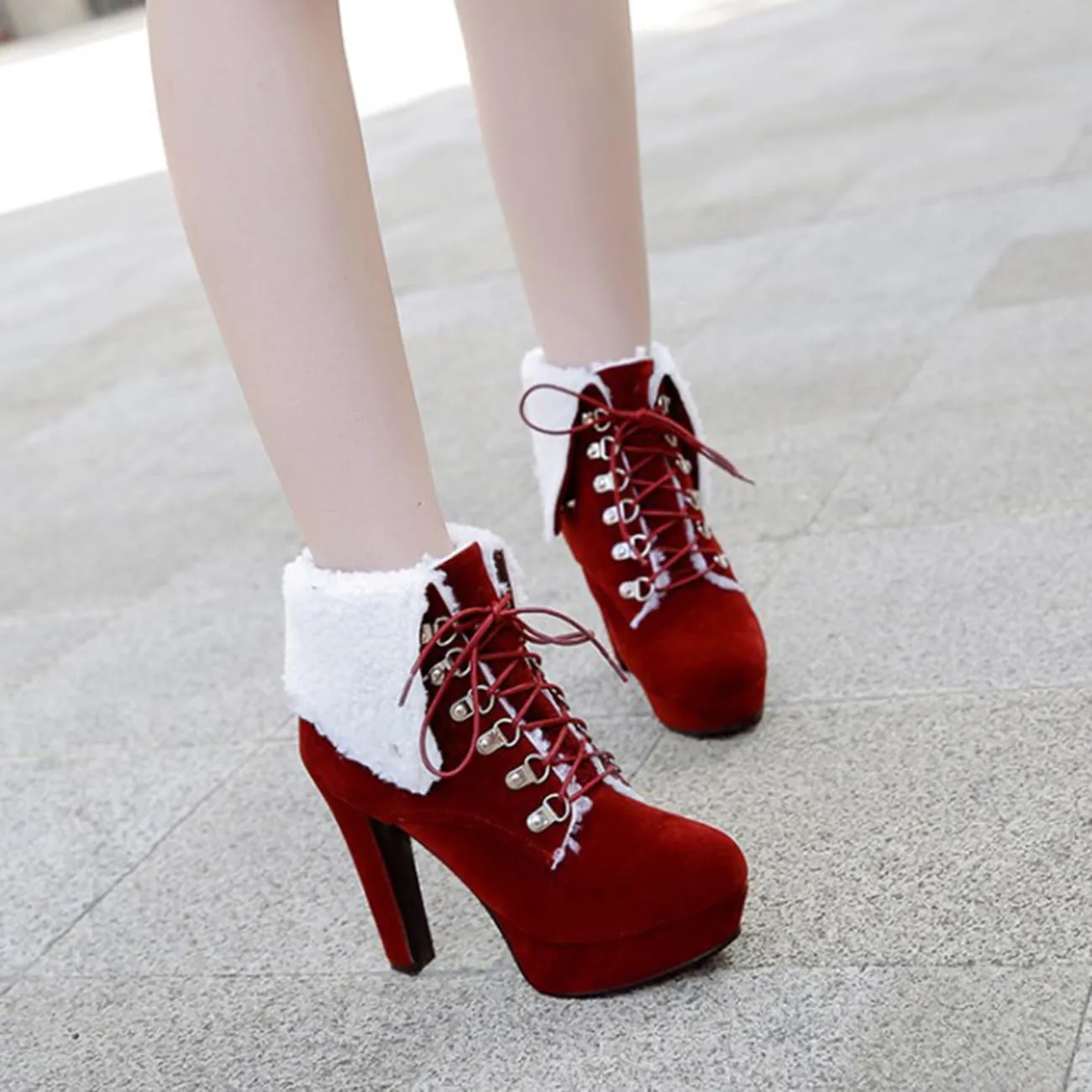 Sweet Womens Chunky Heel Platform Suede Snow Booties Lace Up Christmas Ankle Boots