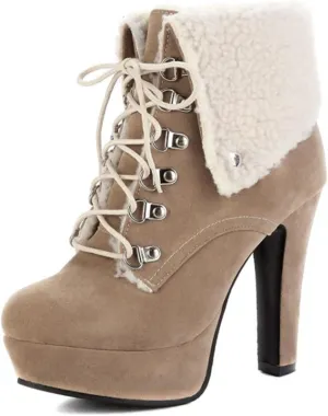 Sweet Womens Chunky Heel Platform Suede Snow Booties Lace Up Christmas Ankle Boots Sweet Womens Chunky Heel Platform Suede Snow Booties Lace Up Christmas Ankle Boots