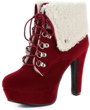 Sweet Womens Chunky Heel Platform Suede Snow Booties Lace Up Christmas Ankle Boots
