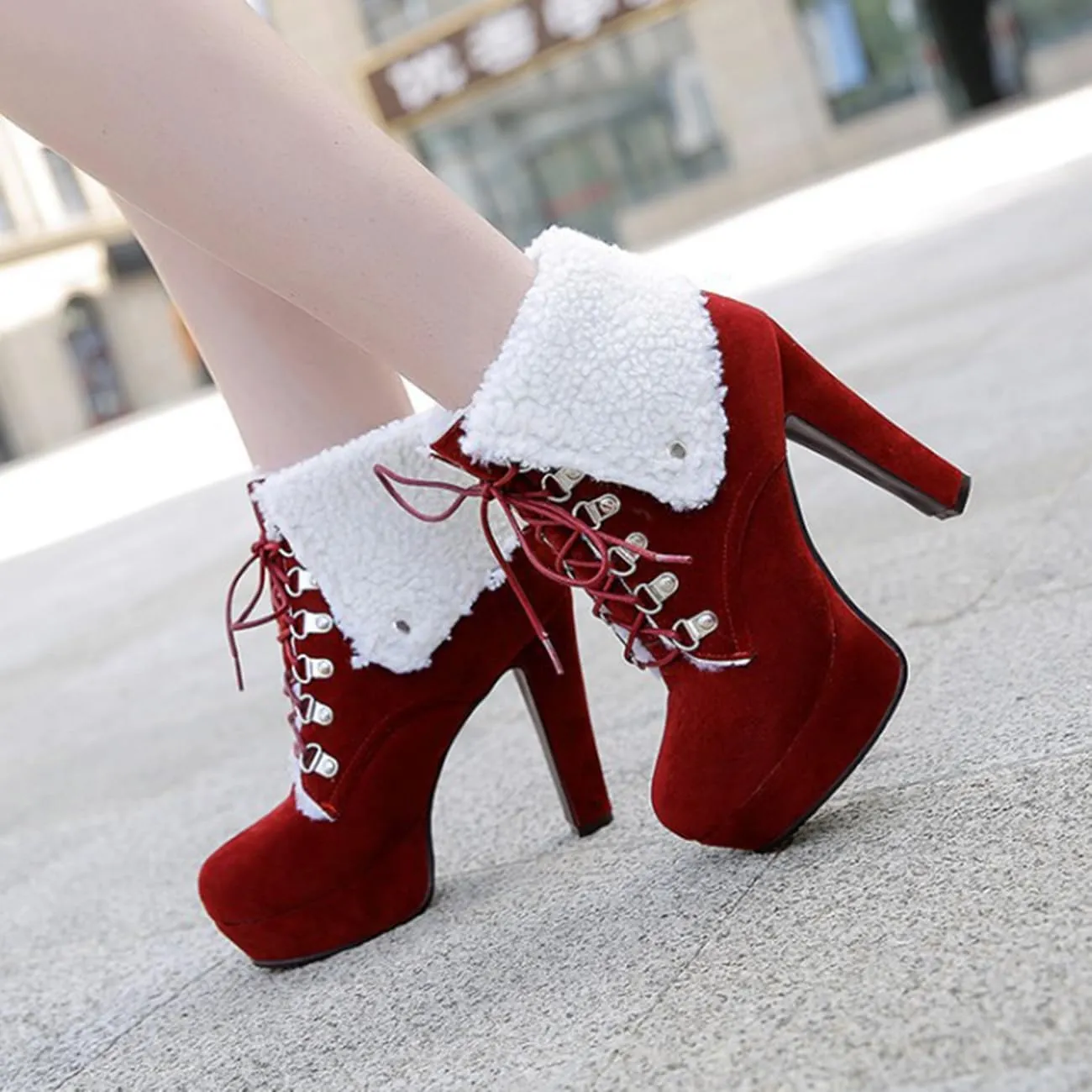 Sweet Womens Chunky Heel Platform Suede Snow Booties Lace Up Christmas Ankle Boots