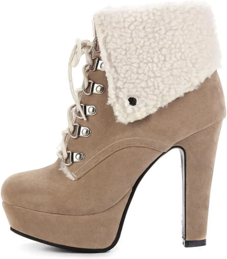 Sweet Womens Chunky Heel Platform Suede Snow Booties Lace Up Christmas Ankle Boots