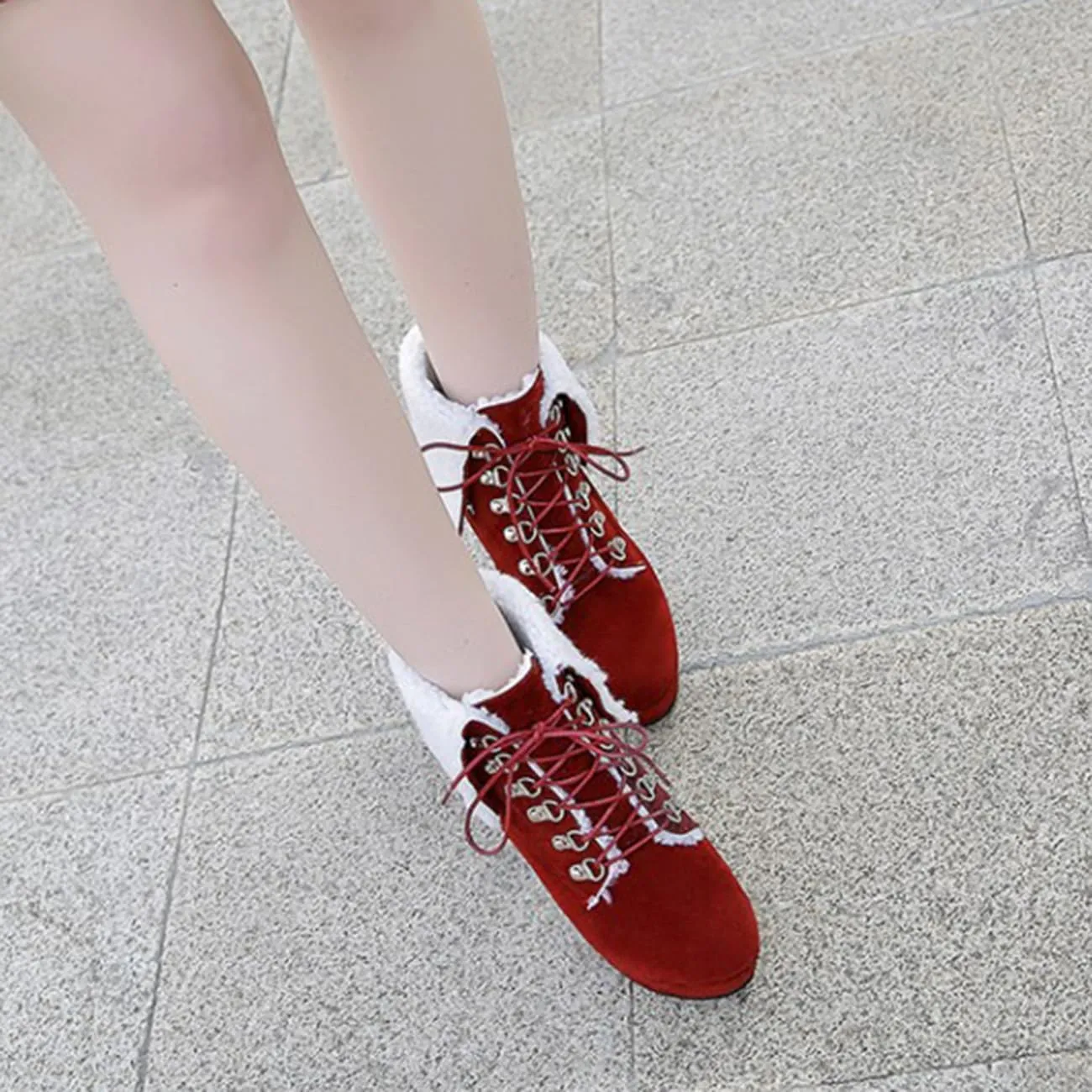 Sweet Womens Chunky Heel Platform Suede Snow Booties Lace Up Christmas Ankle Boots