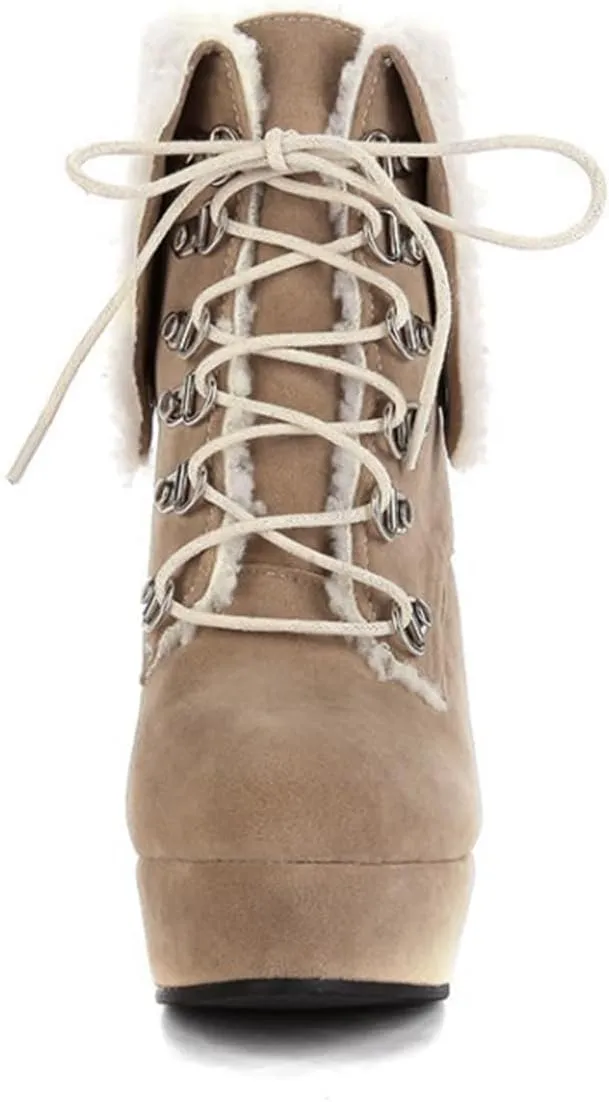 Sweet Womens Chunky Heel Platform Suede Snow Booties Lace Up Christmas Ankle Boots