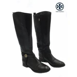 USED Tory Burch Bristol Brown Coconut Gold Leather Riding Boots Tall Size 6.5