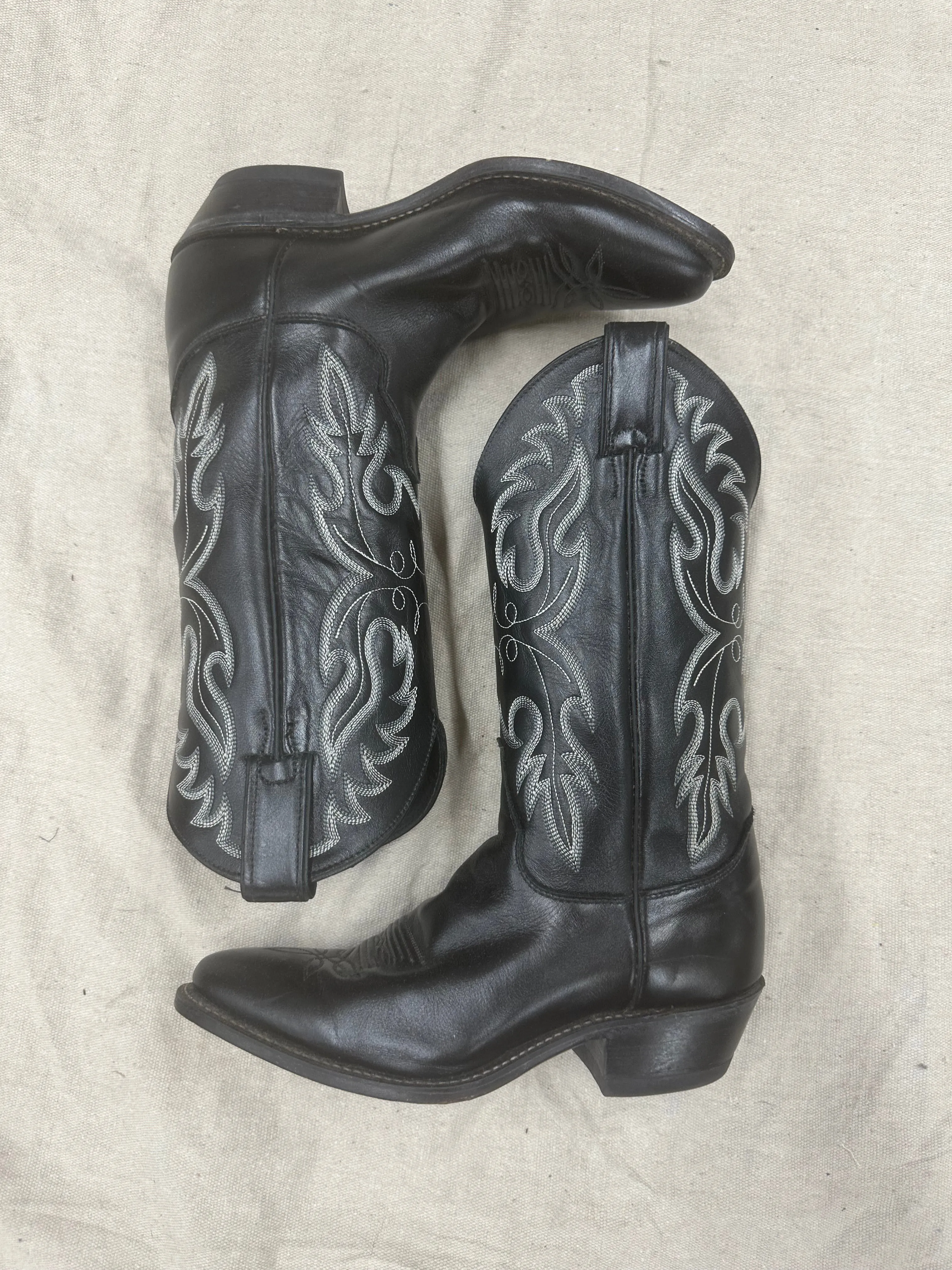 Vintage Black with White and Grey Stitching Cowboy Boots