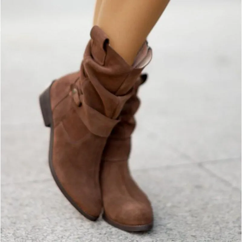 Womens Ankle Boots  Suede  Low Stacked Heel  Slouchy Fit  Decorative Strap