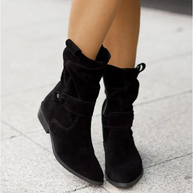 Womens Ankle Boots  Suede  Low Stacked Heel  Slouchy Fit  Decorative Strap