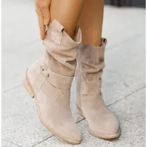 Womens Ankle Boots  Suede  Low Stacked Heel  Slouchy Fit  Decorative Strap