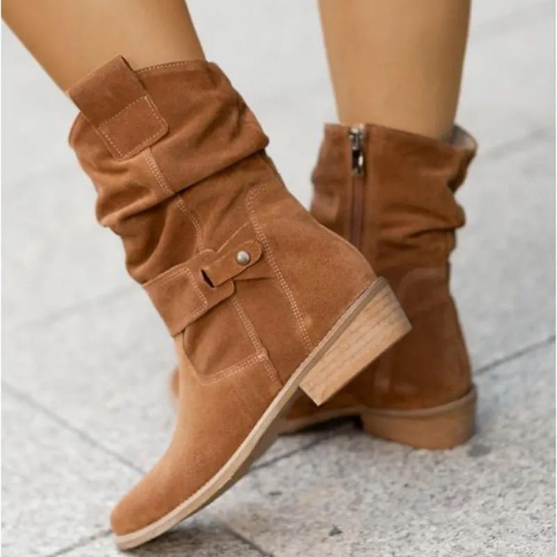 Womens Ankle Boots  Suede  Low Stacked Heel  Slouchy Fit  Decorative Strap