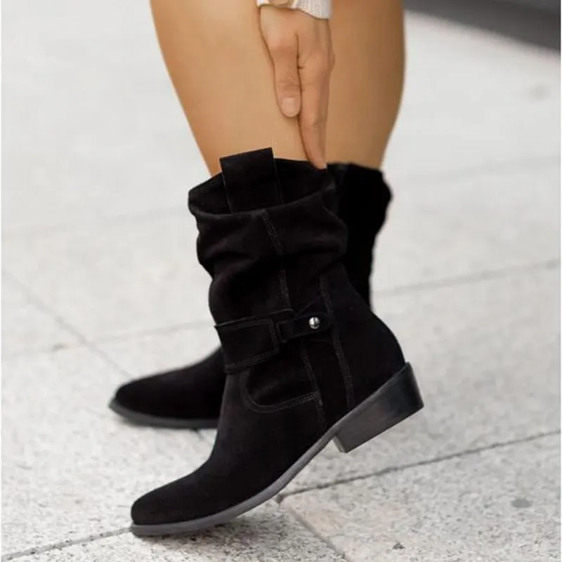 Womens Ankle Boots  Suede  Low Stacked Heel  Slouchy Fit  Decorative Strap