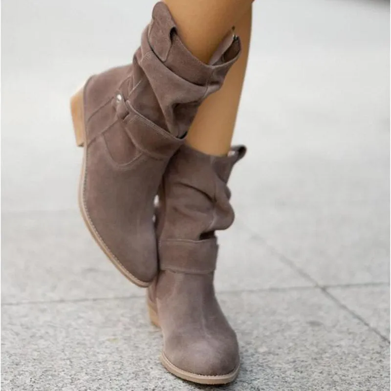 Womens Ankle Boots  Suede  Low Stacked Heel  Slouchy Fit  Decorative Strap