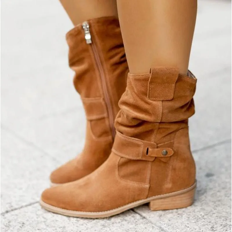 Womens Ankle Boots  Suede  Low Stacked Heel  Slouchy Fit  Decorative Strap